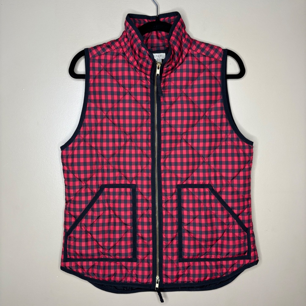 J.Crew Womens Red Navy Buffalo Check Quilted Down Excursion Vest Small 02533